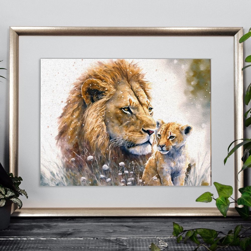 Lion With Cub Gorgeous Fantasy‎ Art Oil Painting Print